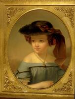 Bust-length portrait of a young girl wearing a blue off-the-shoulder dress, necklace with golden pendant, and wide brimmed hat with red/pink ribbon. Oval canvas framed by gilded (?) rectangular frame. (Larson 2/5/18)<br />
&nbsp;