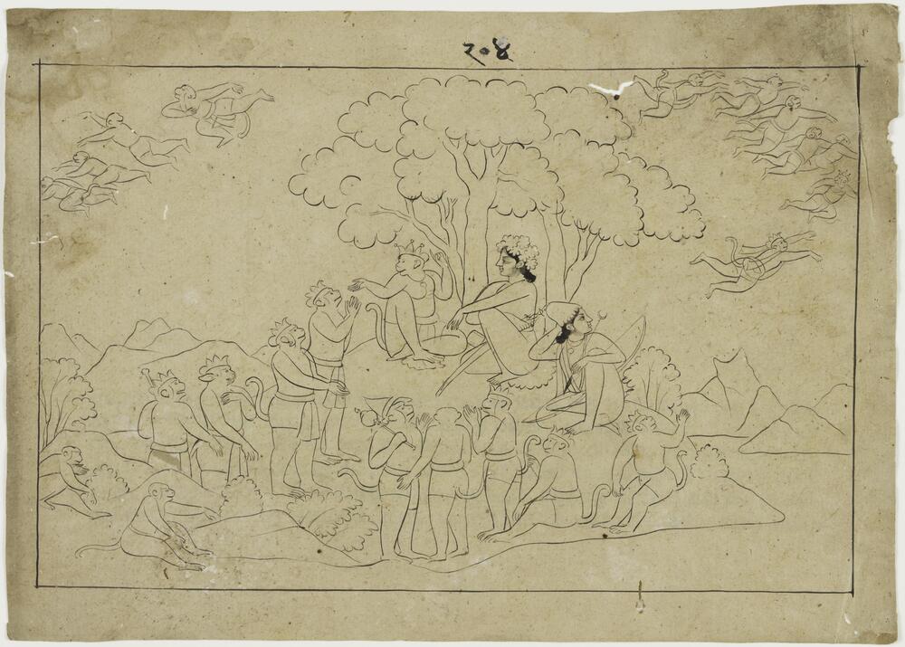 Rama and Lakshmana sit under a tree with the King of the monkeys, surrounded by monkeys. Some monkeys have taken to flight in the upper corners of the drawing. With a few deft strokes the artist conveys the swiftly changing emotions of the moment, as the monkeys respond with astonishment, empathy, and action to Rama’s pleas. <br />