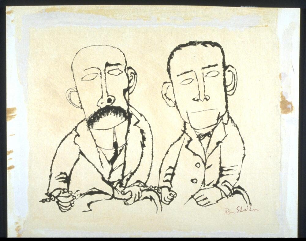Two men sit at the center of the print with inquisitive looks upon their faces. Certain facial elements are distorted. They stand with shoulders haunched, and pupiless eyes. Both sets of arms are restrained by handcuffs, and they are handcuffed to one another at the center of the print.