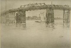Seen from the surface of a river, a segment of a wooden bridge carries both carriages and pedestrians across the span. The piers of the bridge are reinforced with horizontal boards to protect against collision. Between the piers the distant shore shows numerous buildings and dry-dock cranes. In the center span, a low boat with a sail is about to pass under the bridge, moving towards the viewer.