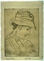 This etching shows a portrait of a woman in side-profile. The woman is wearing a hat and her face tips down to the right, her eyes are closed. The plate is titled and dated (l.r.) "Muriel 1913" and the print is signed (l.l.) " <u>Bernard Leach</u>" and editioned (l.r.) "<u>Sole Proof</u>" in pencil by the artist.