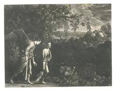 This black and white print shows an outdoor scene with lush leafy trees, open sky and mountains in the far distance. Two figures are walking along a wooded path in the foreground- one is a man with wings wearing robed garments and the other a younger man carrying a single large fish. There is a city shown in the middle distance through the trees and a pasture scene depicted on the right.