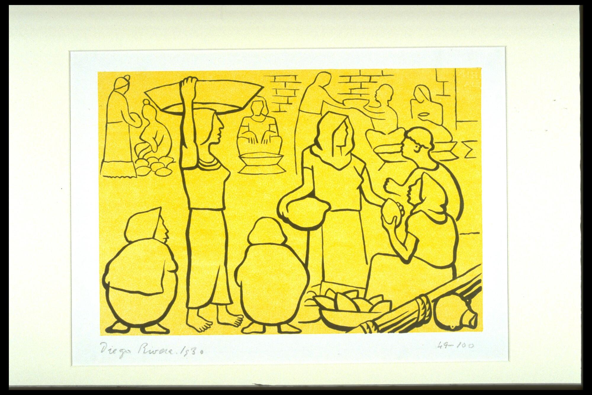 This print is a contour drawing of several rows of figures: in the foreground are three squating figures facing away from the viewer; in the background are several squatting figures facing the viewer, and in between are standing figures. The squatting figures sit before the goods they are selling and the standing figures are purchasing from them. 