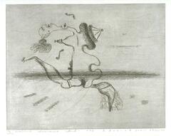 This etching depicts an abstracted image of a nude woman running frantically towards the right side of the page. Her body is made up of a variety of objects and is incomplete. There is a strong horizon line that transects the body of the running figure. The print is titled, numbered, signed and dated in pencil at the bottom of the page. 