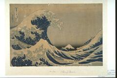 A great, claw-shaped wave which almost swampes the boats dominates the scene, . The Mount Fuji appears in the distance and seems much smaller compared to the waves. In the upper left-hand corner, the artist inscribed the title of the work along with his signature.