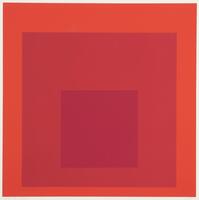 This square screenprint has three squares in red. They are all nestled within each other, with the lightest red on the outside, becoming darker towards the smallest square.