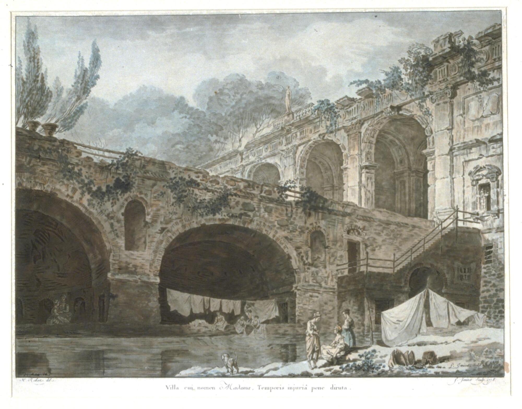 This etching, in a pale blue, brown and gray color scheme, depicts an outdoor scene with a large Roman style building and several human figures in the foreground. One giant wall, with two large arches, with semi-circular apses behind, crosses the middle section of the composition from left to right. It intersects a massive building that has a series of vaulted chambers. Both structures have crumbling stonework and overgrown vegetation. There are several groups of women in the foreground on both sides of a river. Some are in the water washing laundry and some are standing with wash hanging on lines. There is a small dog on the shore.
