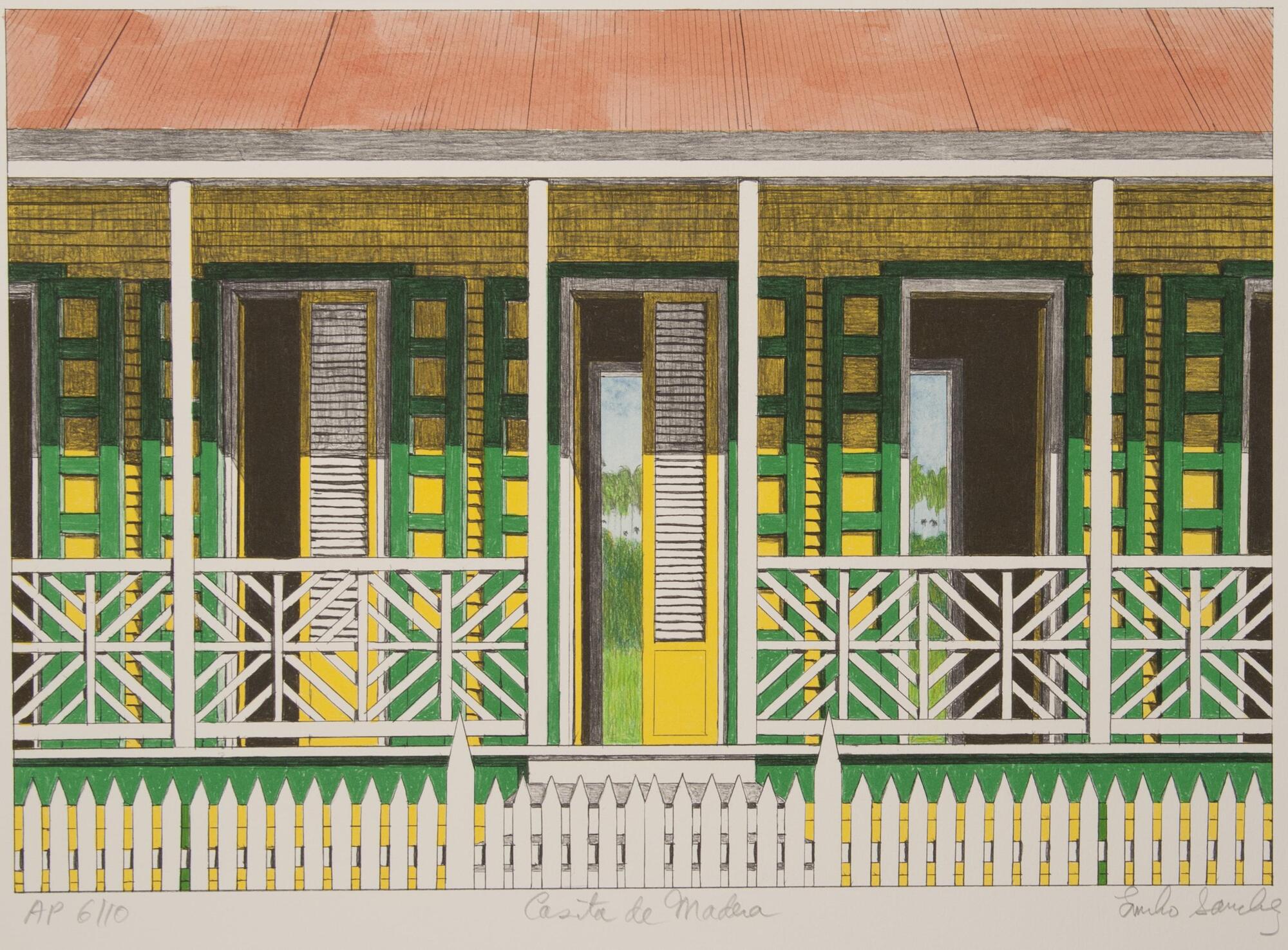 A color print of a house with open doors and shutters. The view through one of the doors is of palm trees. In front of the house is a white picket fence.
