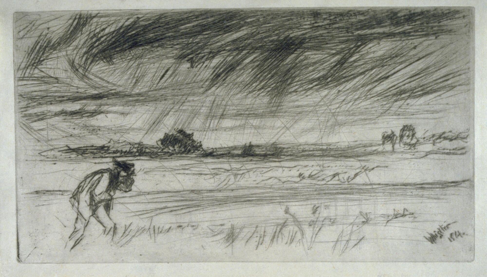 A stormy and blustery landscape dominates the scene; at the lower left corner, a man with a moustache leans into the wind, clutching his coat in front of him with his right hand and holding his hat in place with his left hand. The landscape is flat and largely open; small groups of trees are visible in the distance and dark lines in the sky represent clouds and squall lines. In the center of the image are faint diagonal lines "cancelling" the plate.