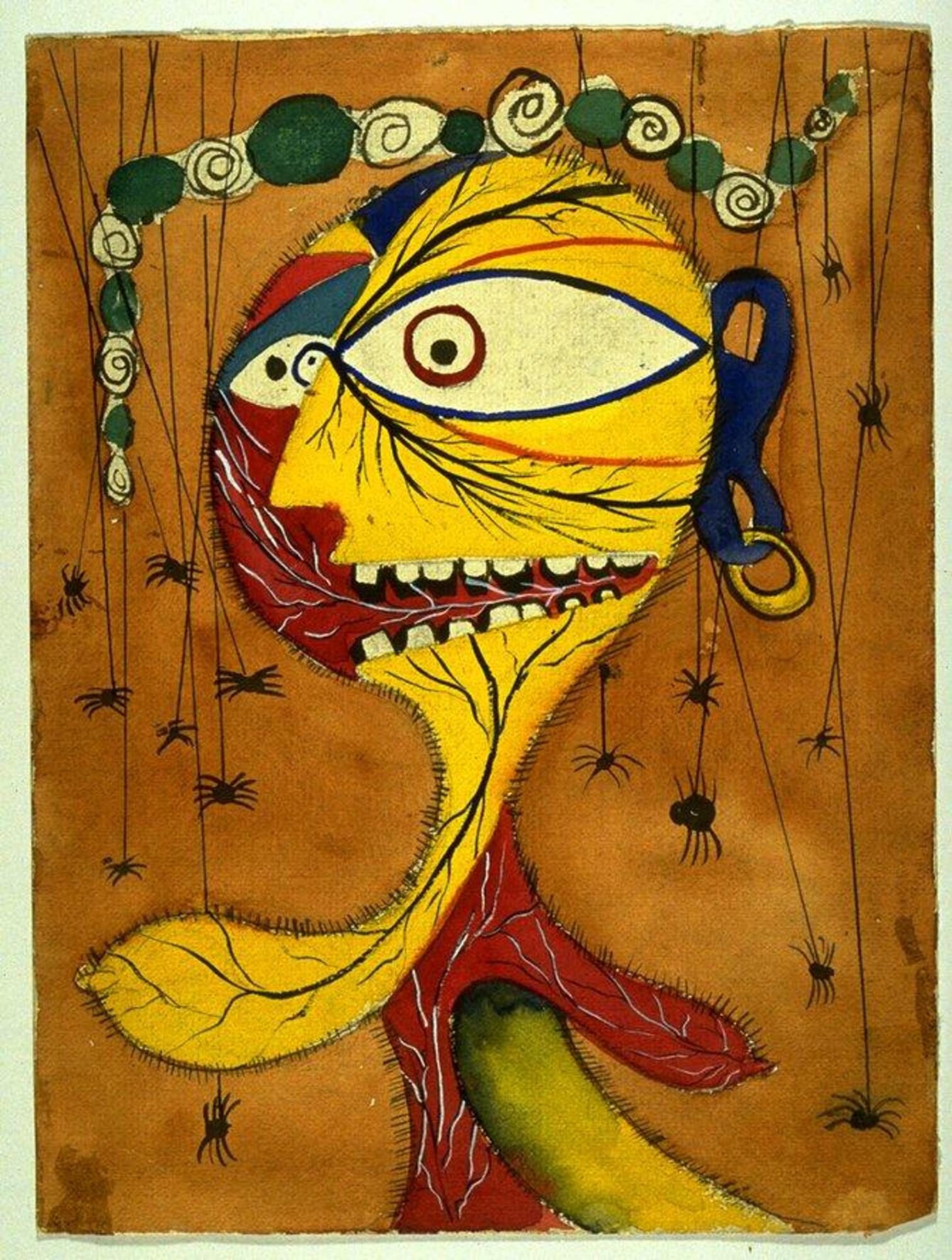 At the center of this work, there is a red, yellow, and blue figure with a gold hoop earring in the right ear. Eight black spiders dangle from lines on each side of figure and a snake-like createure is at the top. The whole watercolor has a rusty-orange backdrop.