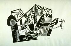 This print is a black and white abstract depiction of components of a boat and an anchor in a variety of shades of black, grey and white, and many textures, in an angular composition.