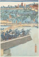 Japanese hanging scroll depicting the view of the old Japanese town and scenery.