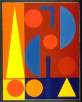 This abstract painting consists of four unequal rectangular quadrants. The background of the top left rectangle which is tall and thin, is orange, and it contains a tall yellow triangle. The background of the top right rectangle, which is the same height as the top left but wider, is red and it contains red circles, blue hemispheres, an inverted L shape and a blue straight line. The straight line continues downward into the bottom right rectangle which is long, flat and dark blue and also contains an orange circle and yellow triangle. Finally, the small yellow square at the bottom left contains an orange circle. The painting is titled, signed and dated (l.r.) "mercredi herbin 1950".