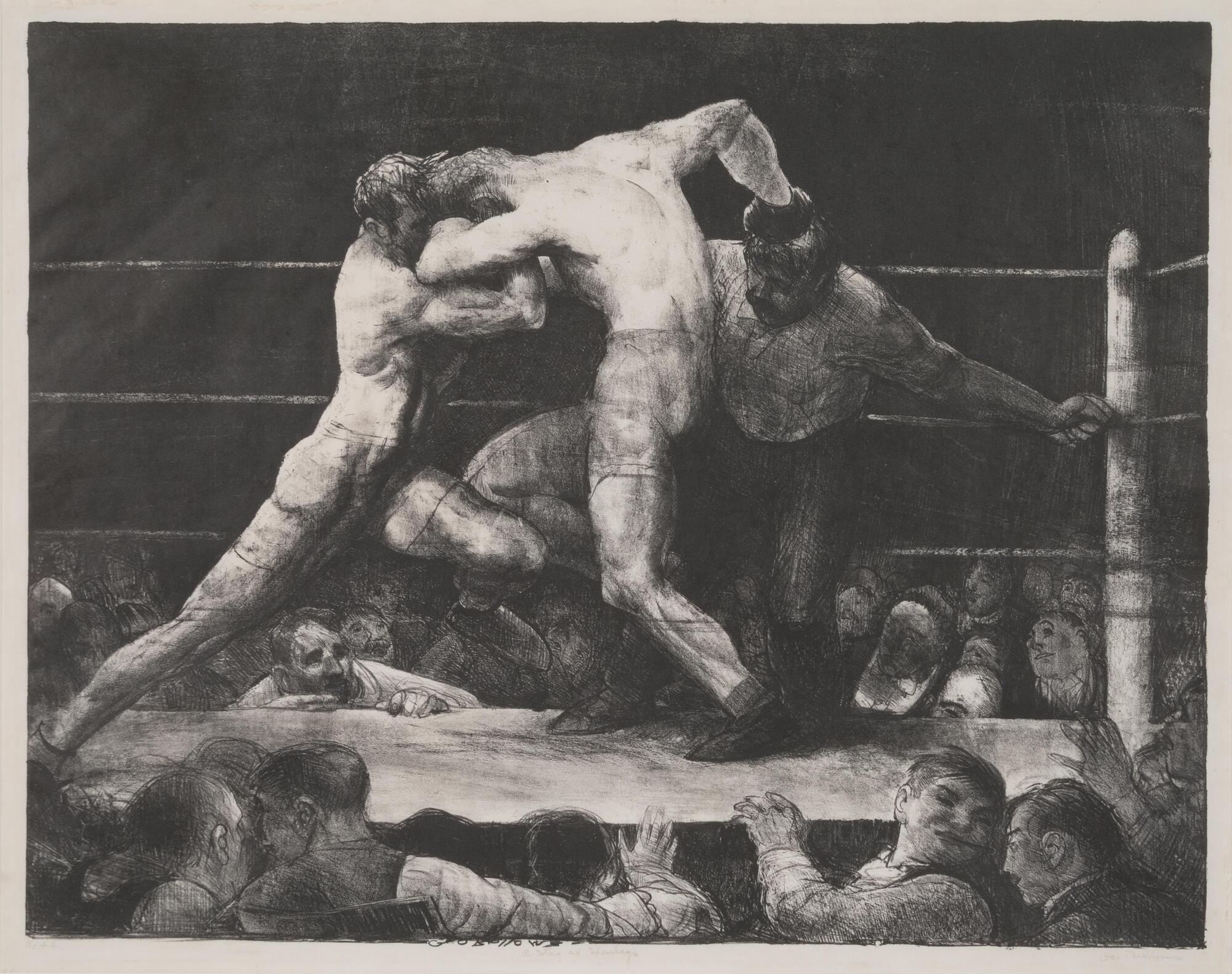 Two boxers trade punches in a ring with the referee close behind and the crowd cheering. One boxer is pushing the other with his forearm.
