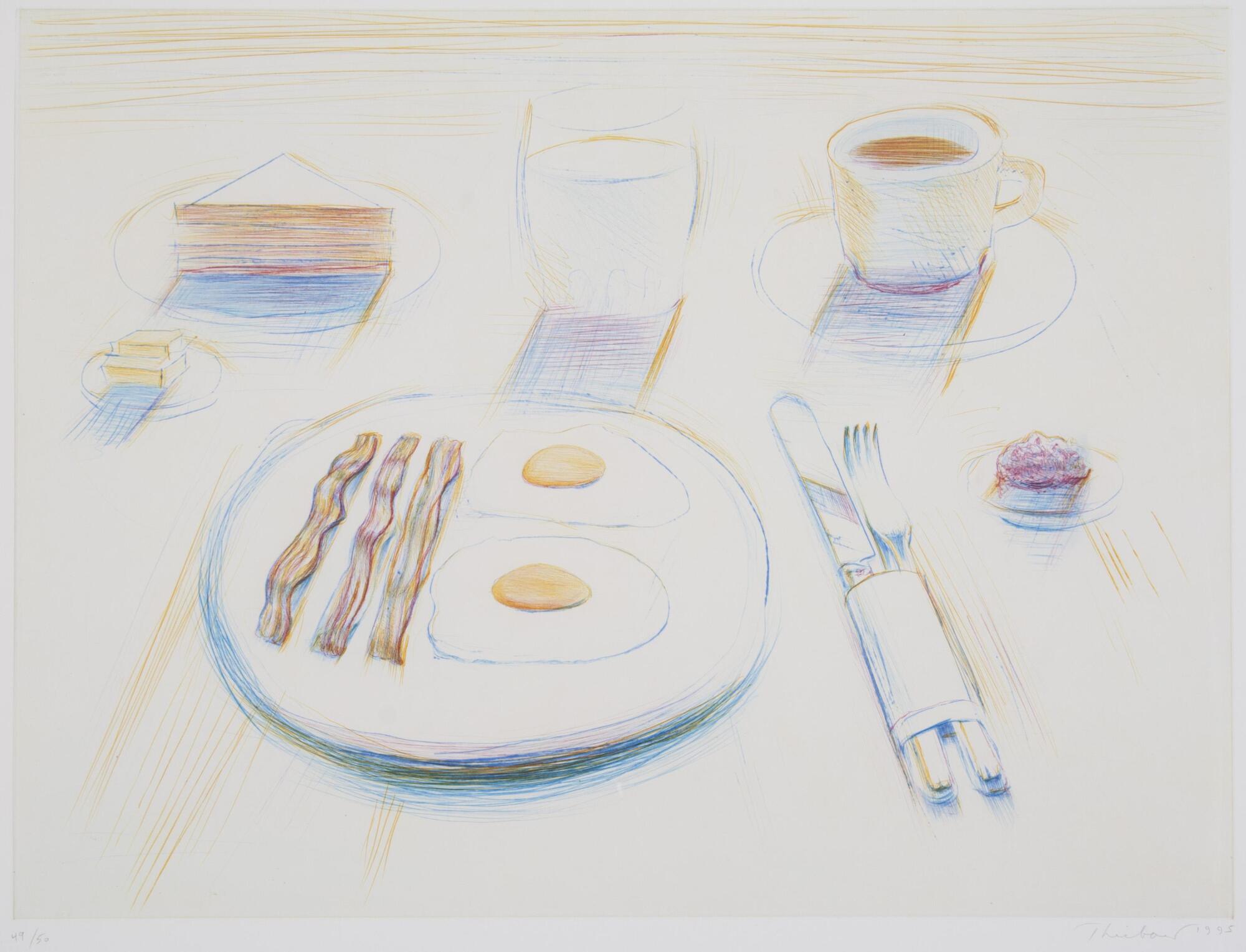 A color print of one place-setting at a table with breakfast foods—2 eggs sunnyside up, 3 strips of bacon, toast, coffee, milk—and utensils. 