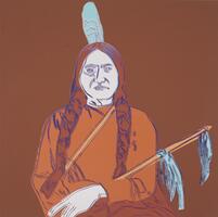 A seated Indian Man with his arm across his lap, single feather in his hair. He is holding a spear that is leaning to the side. Colors of browns, blues, ochres and whites.