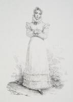 A full length portrait of a woman in a long ruffled dress with her hands crossed at her waist.