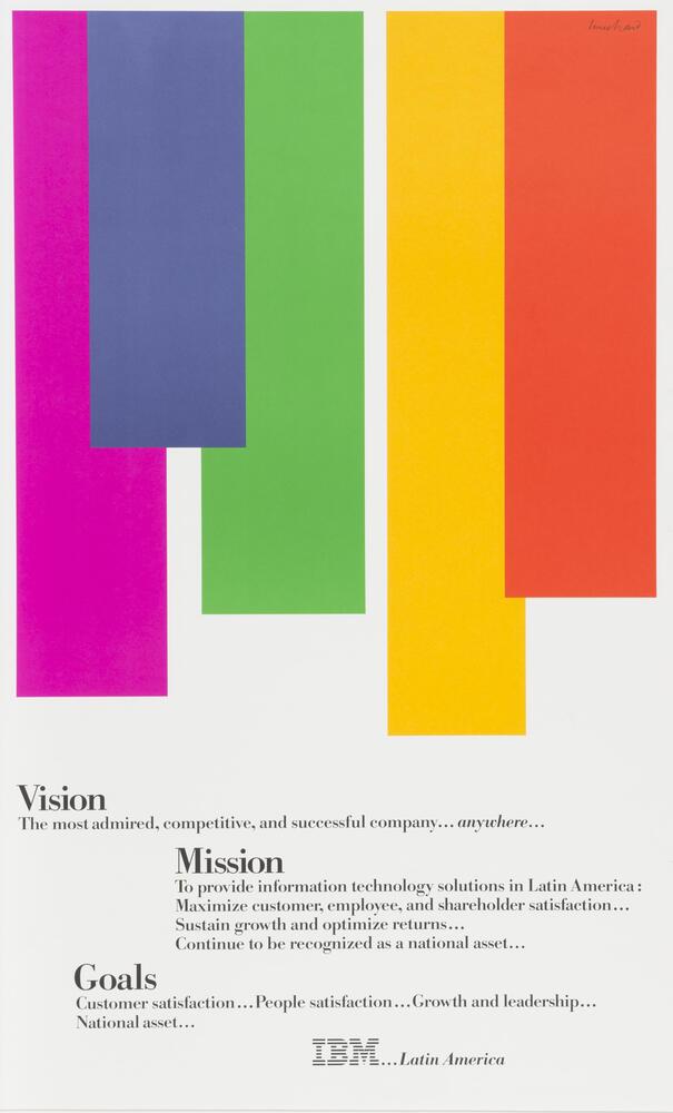 A poster with text at the bottom related to IBM's vision, mission, and goals. The text concludes with "IBM..Latin America." From the top, a series of colored bars extend downward, colored pink, purple, green, yellow, and red (left to right).