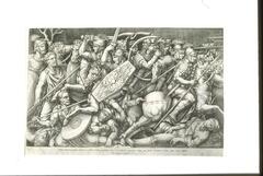This engraving reproduces a relief sculpture from the second century CE of Roman soldiers under Emperor Trajan conquering the Dacians in what is today Romania. The sculpture was later removed from its original monument built to honor Trajan and incorporated into the Arch of Constantine, erected in Rome by the emperor Constantine between 312 and 315.<br />
The relief depicts mounted Roman soldiers, dressed in their characteristic armor and helmets, surging to the left and right from the center of the scene. A group of soldiers sounding horns stands in their midst. The Romans&#39; vanquished Dacian foes lie trampled beneath the horses&#39; hooves.