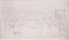 A black etching on white paper of two people on a bed making love. There are shoes underneath the bed on the left hand side of the scene and strewn about clothing on the right side.