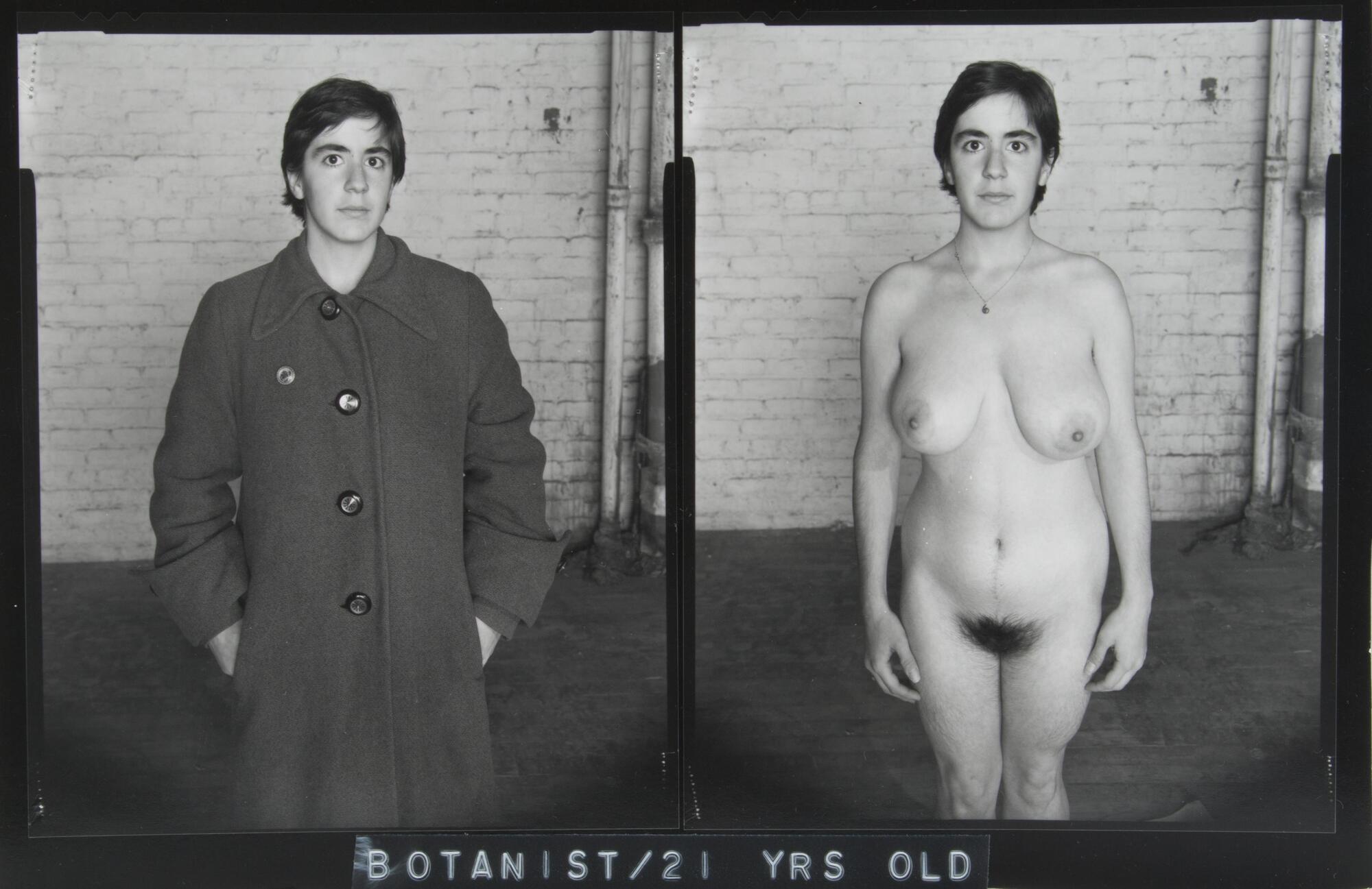 Side by side images of the same woman. On the left, she is wearing a long coat. On the right, she is nude.