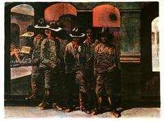 Several armed men pose in front of a set of arches. Each man is wearing an ammunition belt.