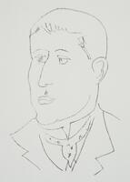 A line drawing of a man looking to the left. His lips are pursed, wearing a collared shirt.