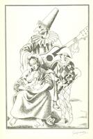 In this vertical print we see what is presumably a family group of harlequins. At the back is a tall man in a pointed hat, wearing a mask with an elongated nose, playing a guitar. In front of him is a seated woman breastfeeding a baby. Next to her is a young adult or a child standing and gesturing to her with his right hand. He is holding an instrument and wearing a diamond checkered costume. 