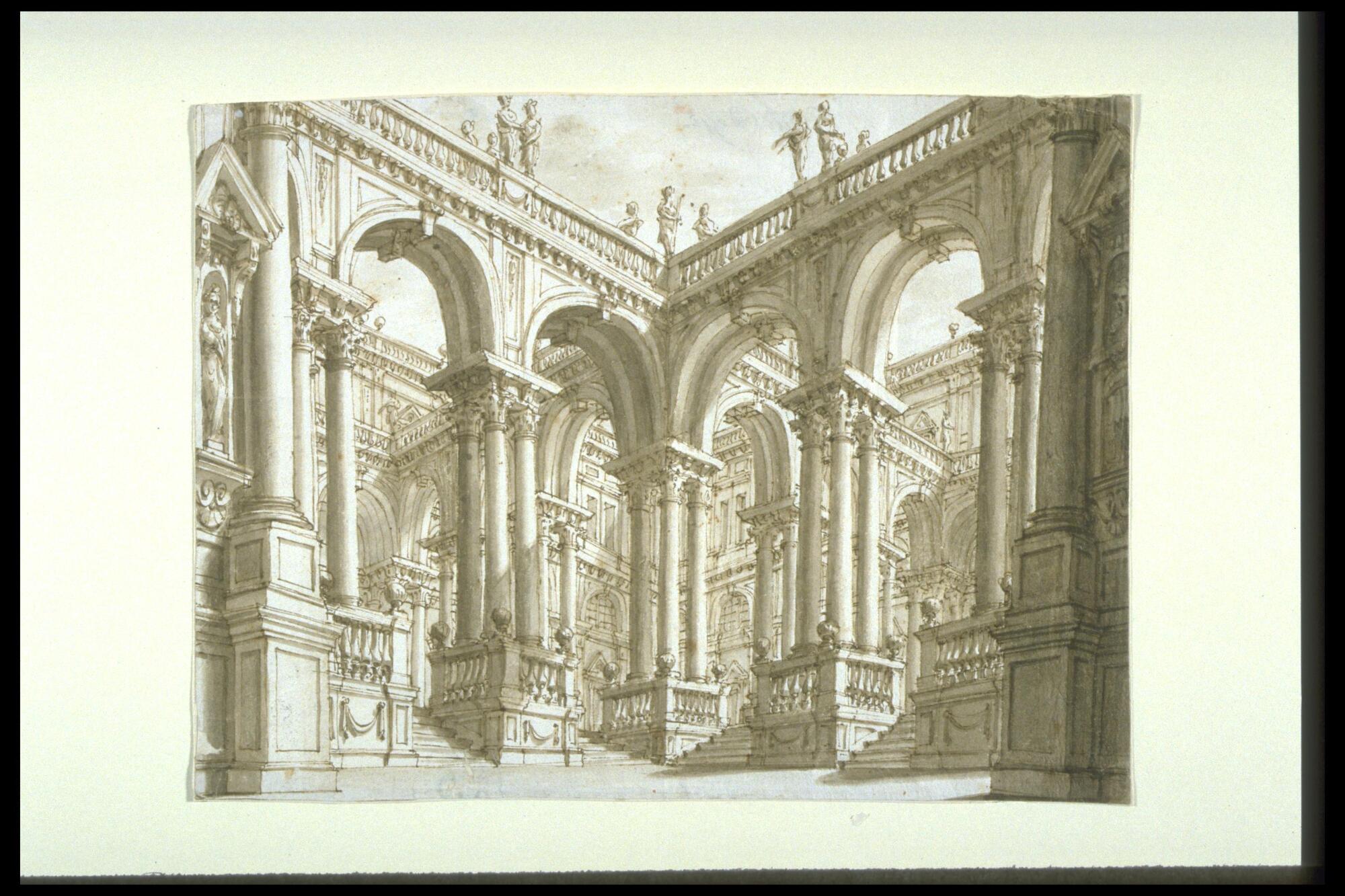 An intricate series of arches, stairs, and balustrades are presented obliquely.  The deepest recession into space is at the center of the design.  Seen from a low vantage point, the soaring columns and arcades create the illusion of deep space.