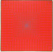 Concentric lines of bright red alternate with lines of blue and green to create an optical illusion of receeding squares. The juxtaposition of these colors also creates an appearance of intersecting orange lines and hues of purple.