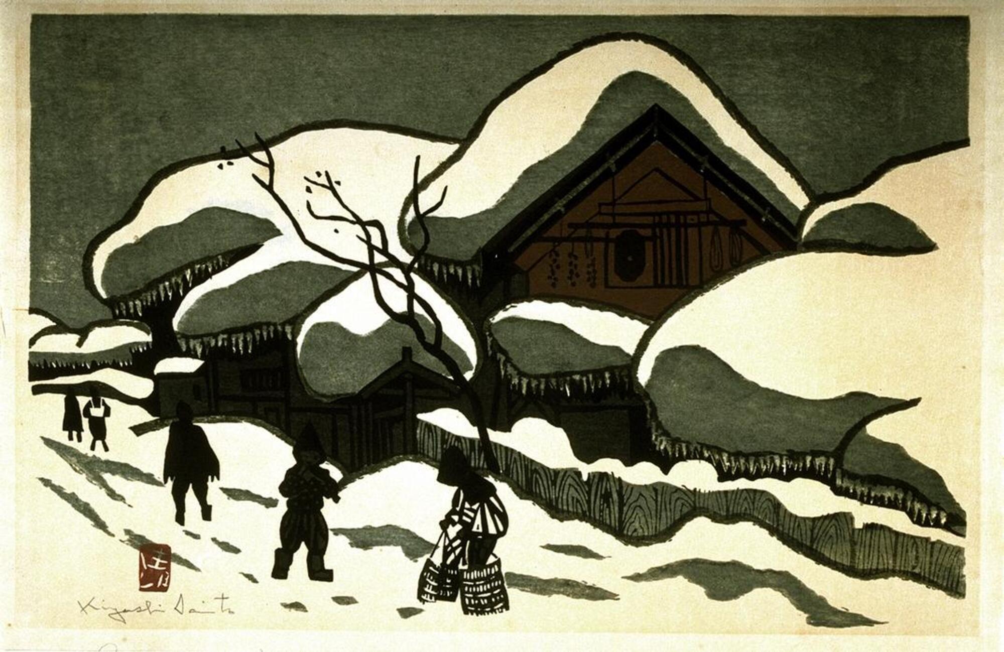 A native of Sakamoto in Fukushima Prefecture, the artist here depicts his far northern hometown with the snow-covered imagery to present a view of traditional Japan in a innovative and modern way.<br />