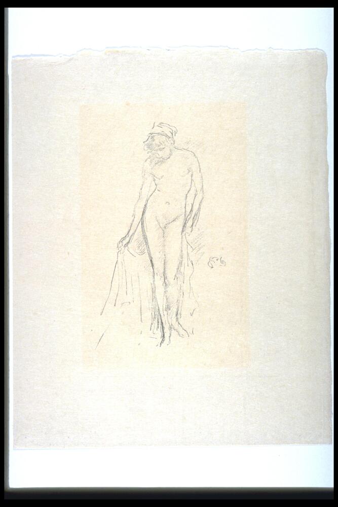 A nude woman stands in a contrapposto stance with weight on one leg facing the viewer. She looks down to the left, she has her hair tied under a kerchief of scarf; she holds drapery in her hands that hangs behind her below her hips.