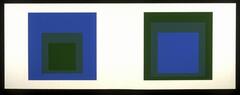 On a long horizontal white piece of paper are two squares: on the left, a blue square and on the right, a green one, each with nested squares within.