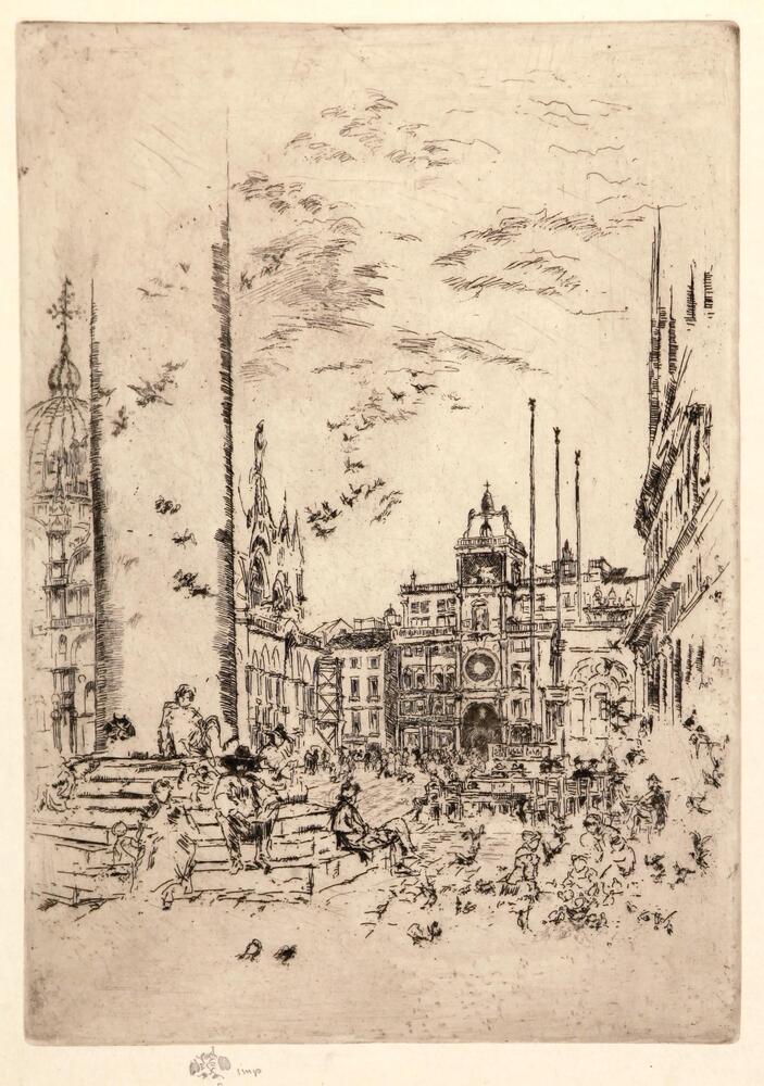 A group of figures and pigeons lounge around the base of a column, which is unfinished in the upper portion of the plate. In the distance are a number of buildings of different styles that form a square where there are more people--and pigeons.