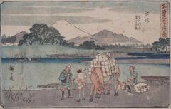 A woodblock print of three men and a horse ladened with packages in the foreground. They are beside a river and two grey mountain peaks and one central white mountain peak are set in the background. A small boat with men wearing large white hats is to the viewer's left.