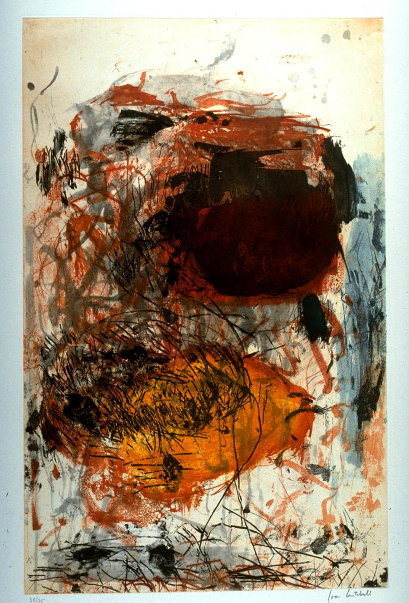 This abstract print has a large dark red and black circular form in the top half of the frame and a large orange and red circular form in lower half.  Black splotches and expressive lines dominate and overlap much of the image.