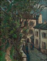 A view down a street, left side of the painting is a tree with foliage. Two white buildings center and right side. There are two people in blue, one in red on the lower center of the street.