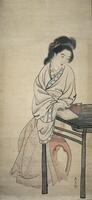 This hanging scroll depicts a woman seated at a stool leaning over a table. Centered to the right side of the scroll, the woman leans over a book and appears to be in the process of turning the page. She is wearing a multilayered robe. The outermost layer is lined with a blue design. There is an inscription on the bottom right of the page to the left of a leg of the table. Directly following the black ink signature is a red seal.&nbsp;
