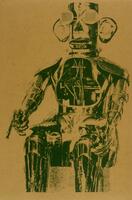 This vertical oriented print shows a robot sitting on a chair with a revolver in his right hand. 