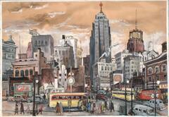 Cityscape showing downtown Detroit against a reddish orange sky in 1947. Along the bottom edge of the painting, people wait to load a bus and several vehicles drive on a street perpendicular to them. Multiple buildings several stories tall line the background of the painting.