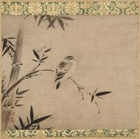 A plump sparrow is perching on a bamboo branch, which is bending from the main branch on the left side of the painting. The bamboo has young and mature leaves. The background is left as blank. The mounting is made of creamy silk brocade with blue green silk brocade strips. Brown brocade pieces are pasted on the top and the bottom of the mounting. There is a seal in red ink on the left corner. Wrinkles on the top and right lower side of the bid; some smaller worm holes and one large hole underneath the bird, but all repaired.