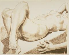 A nude woman reclines on a flat surface with her right leg crossing the left, her left arm draped along the side of the bench and her hand resting on edge. Her right is extended over her head, beyond the frame. The figure is truncated along her upper left arm, and her head is beyond the frame. 