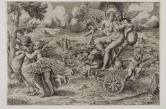 Venus and Cupid are seen sitting in a chariot pulled by two swans that are embraced by two putti. Behind is a landscape with towns and houses.