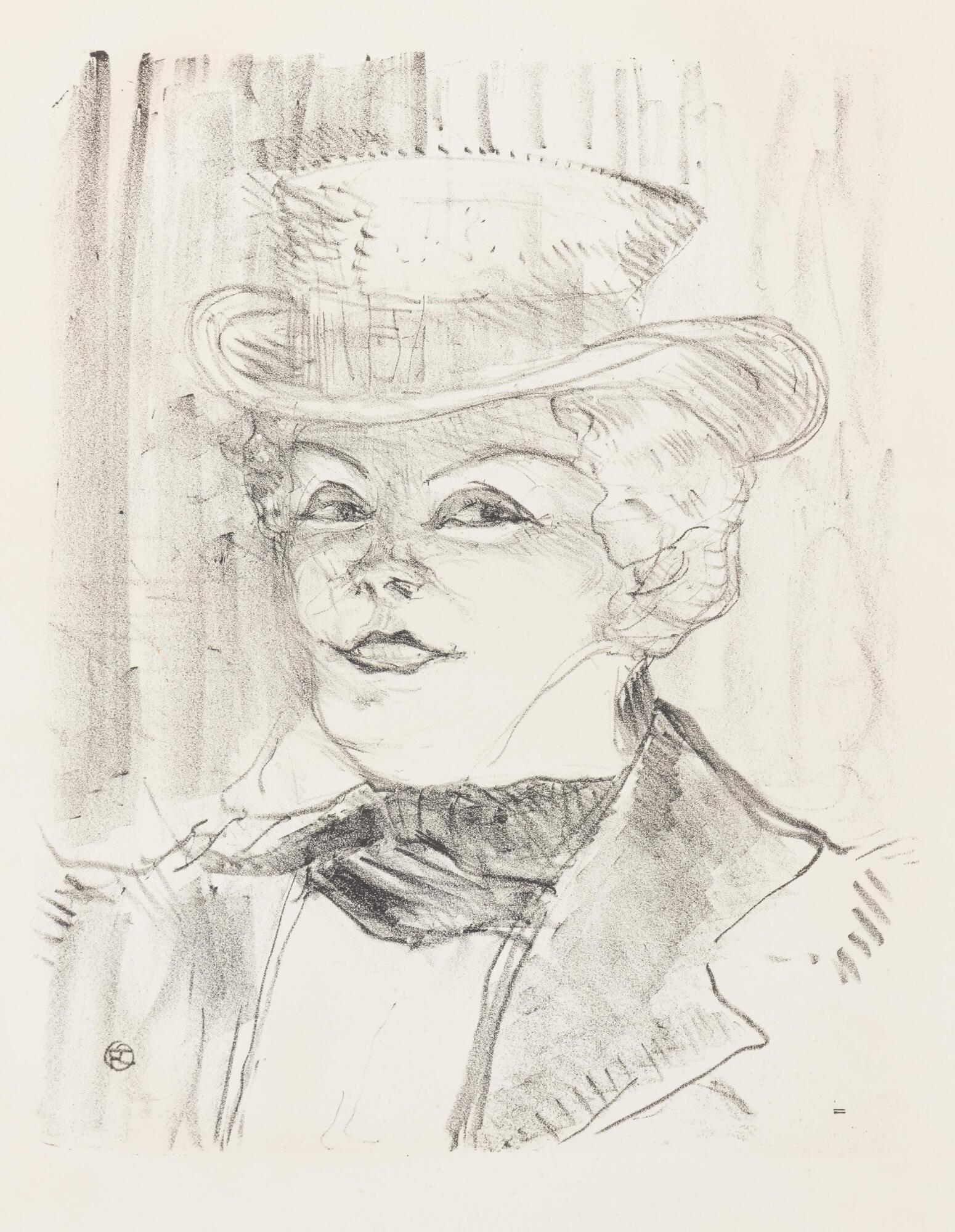Portrait of a woman wearing men's clothing with a top hat, scarf around her neck and a suit jacket.