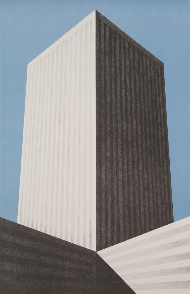 A two point perspective lithograph print depicting a high-rise building in New York.