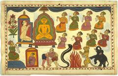 Eight worshippers sit to the right of a sky-clad (nude) Jina and monk. They each raise beads in their hands. Below them a struggle is depicted. Two men in shorts wrestle, while a snake, tiger, and elephant rera up beside a fire.