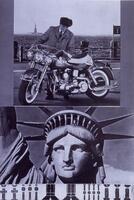 This print has three main images all printed in a monochromatic grey. At the top is an image of a man, in a tweed coat and fur hat, polishing a motorcycle. The scene is from a pier. The sign says "GANGWAY 1," with the ocean and the Statue of Liberty in the background. The central image is a detail of the face of the Statue of Liberty, with a small boy visible in her crown. The bottom image is more abstracted shapes from a dot-matrix image.