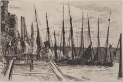 A group of figures stand on the bow of a boat at the left. Behind and to the left are buildings and steps leading up to a quay with people gathered along the railings. Behind the figures and to the right are the numerous masts of ships lined side by side, all containing figures while in the distance beyond are the arches of a bridge.