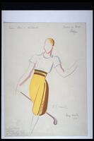 This costume design shows a dancer leaning back to the right with a golf club in the right hand. The dancer wears a white top with short sleeves and yellow culottes with brown and black trim at the waist and along the side of the left leg.