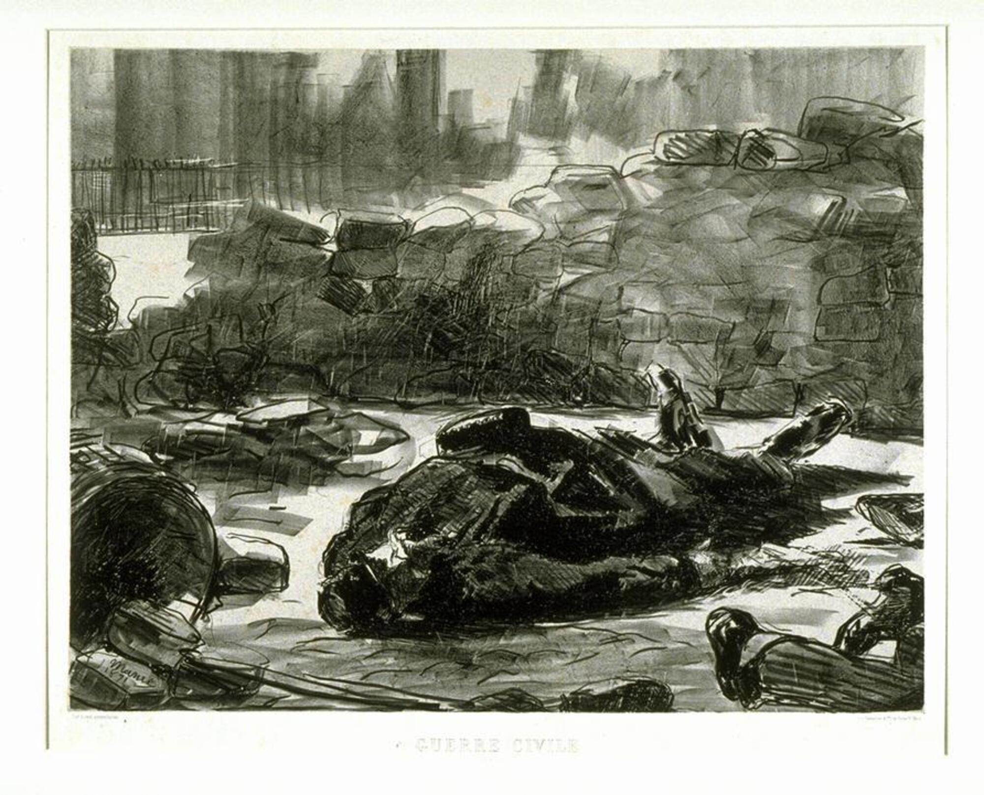 A man laying on his back dominates this landscape-oriented black-and-white lithograph. He is fully dressed. Positioned diagonally across the foreground and depicted using dramatic foreshortening, his face is near the viewer (a mustache is visible, and he wears a hat reminiscent of a kepi, or military hat), while his stiff upturned feet lead the eye towards the ramshackle wall of paving stones that cuts horizontally across the top third of the composition. A pair of feet peeking out of striped trousers jut into the lower right foreground, while stones and possibly a wheel fill the left foreground. Hazy fences and buildings rise in the background empty stretches of street.<br /><br />
The work is signed on the stone (on one of the piled-up paving stones) in the front left foreground: “Manet / 1871”.<br /><br />
Title printed in typeface below the image: "GUERRE CIVILE"